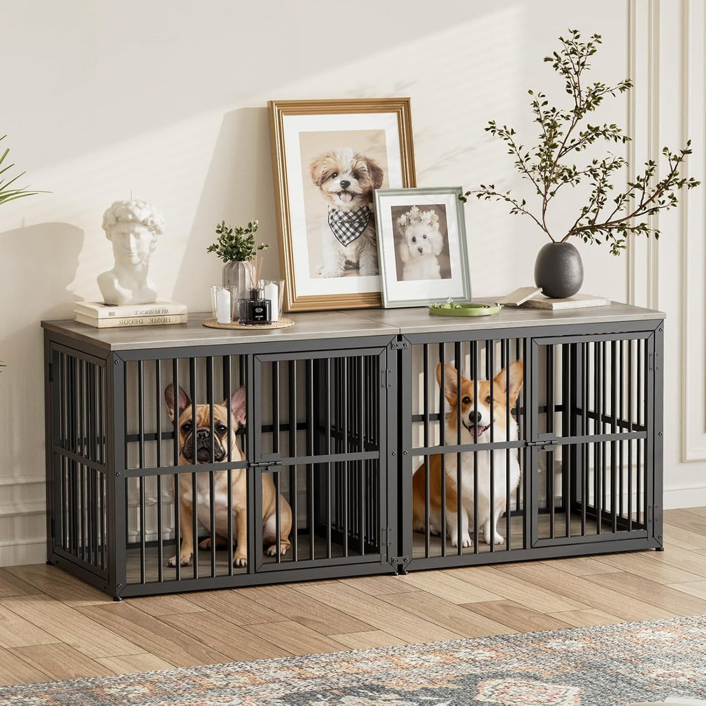 Lyromix 66'' Dog Crate Furniture with Double Rooms,Wooden Crate TV Stand with Removable Divider, Heavy Duty Indoor Puppy Cage Kennel for Small to Medium Dogs, Can Use Separately, Grey