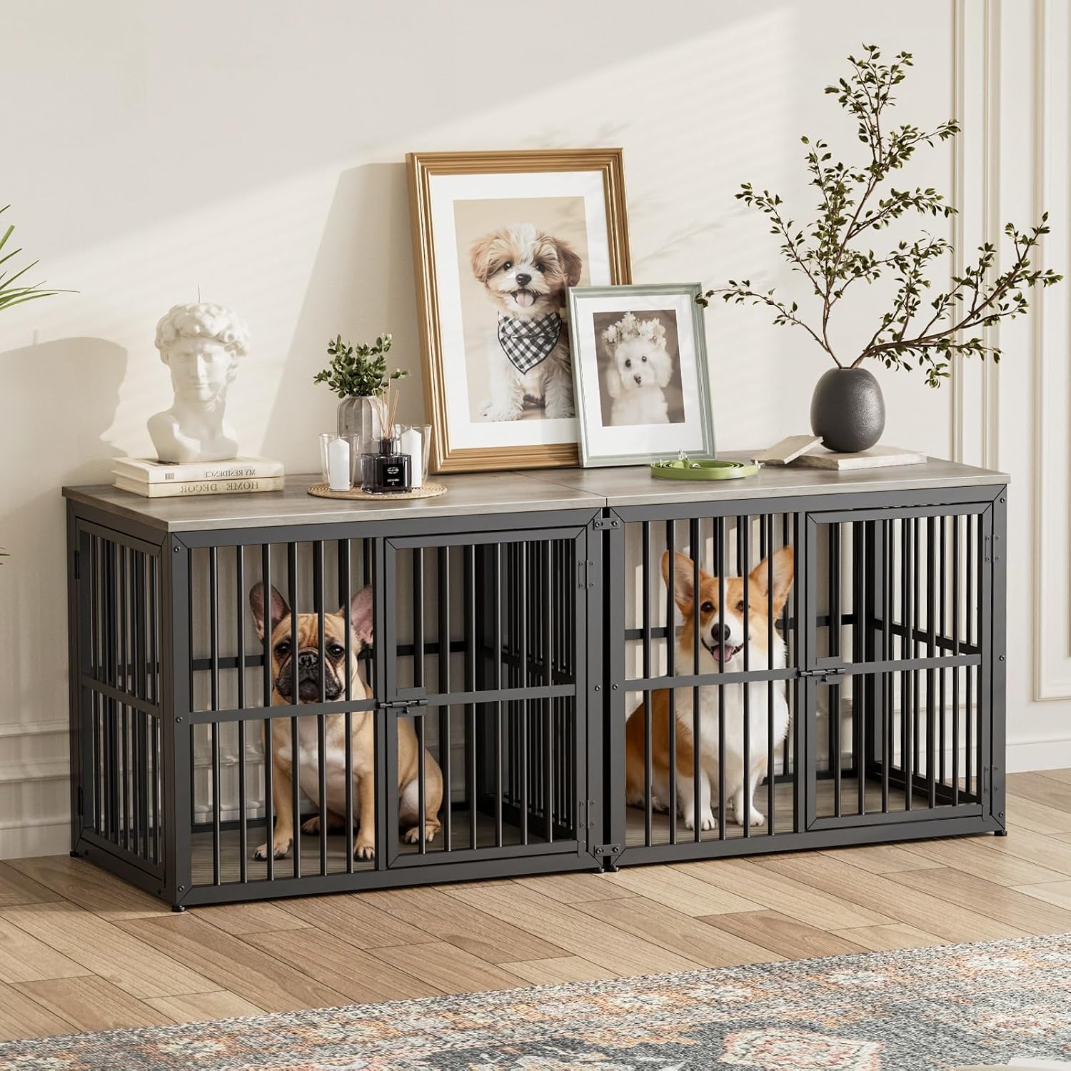 Lyromix 66'' Dog Crate Furniture with Double Rooms,Wooden Crate TV Stand with Removable Divider, Heavy Duty Indoor Puppy Cage Kennel for Small to Medium Dogs, Can Use Separately, Grey