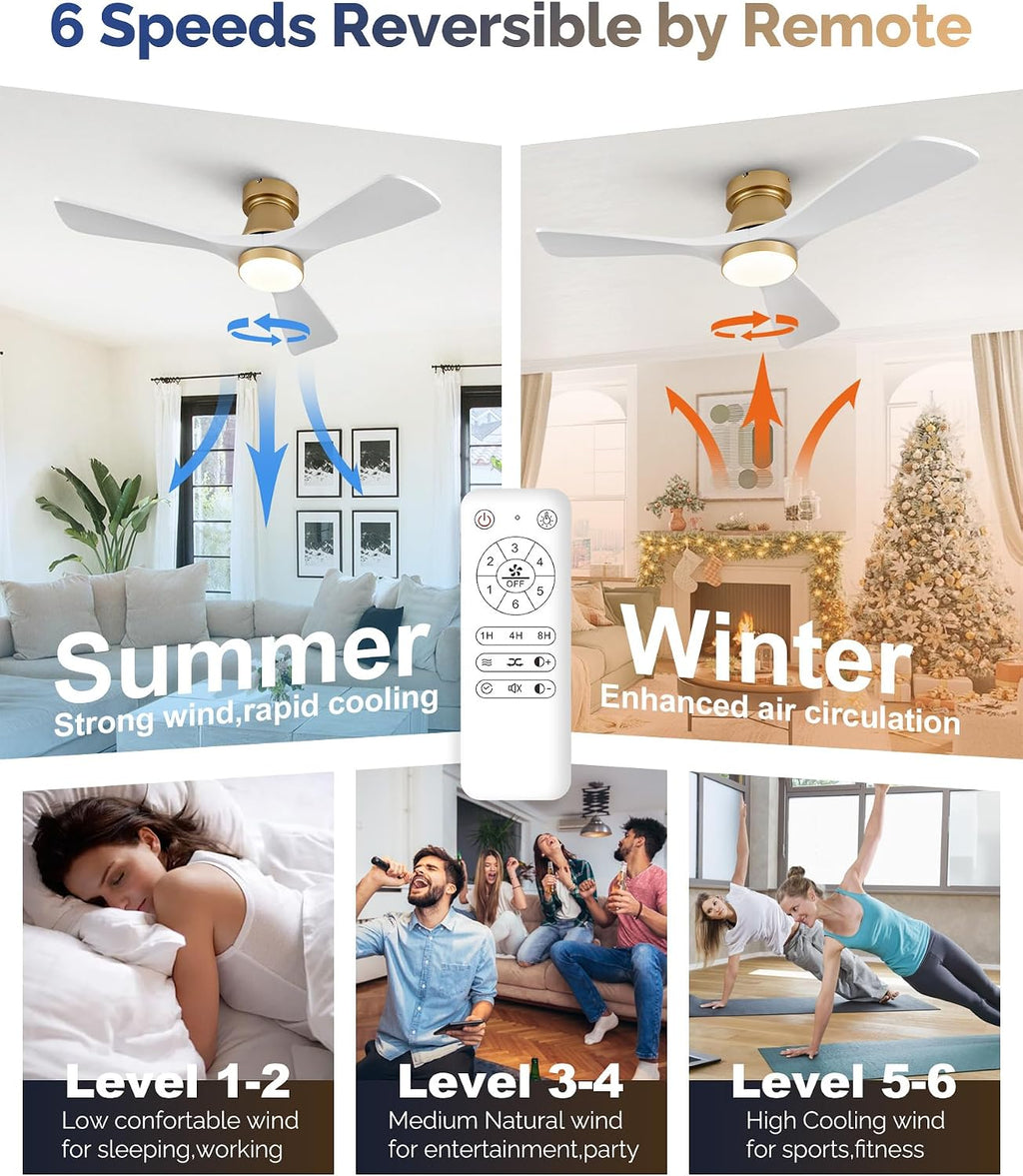 42 Inch Gold Ceiling Fan with Lights, Remote Control, Flush Mount, Dimmable, Reversible, Wood Blades, Power-Off Memory, Quiet DC Motor, Modern Hugger Ceiling Fan for Indoor Outdoor
