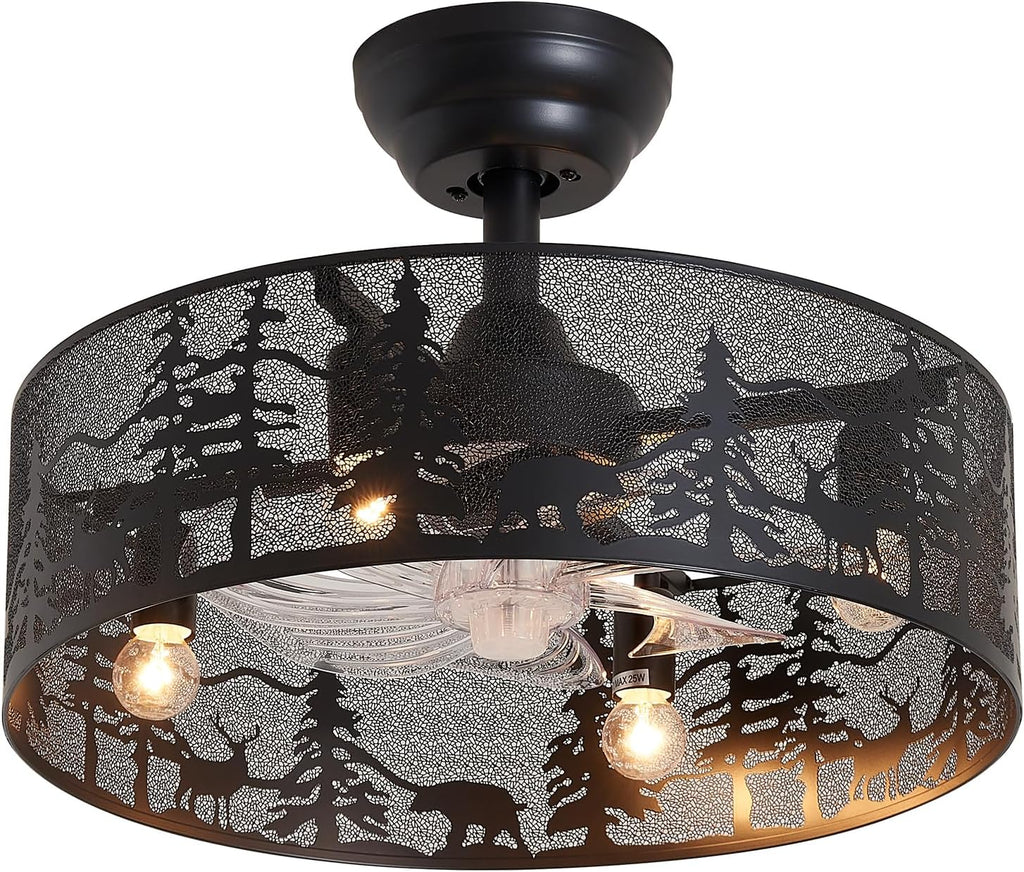 18 Inch Rustic Ceiling Fan with Light and Remote, Black Round Farmhouse Caged Ceiling Fan, Quiet Reversible Motor, Vintage Metal Bear and Deer Design Ceiling Fans for Bedroom Living Room