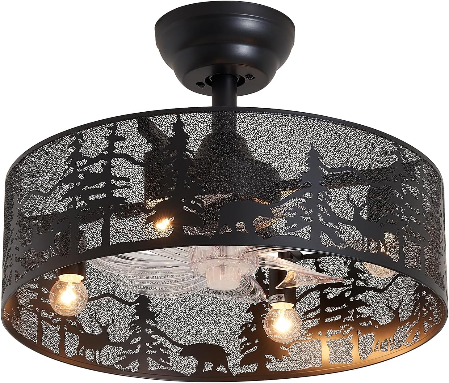 18 Inch Rustic Ceiling Fan with Light and Remote, Black Round Farmhouse Caged Ceiling Fan, Quiet Reversible Motor, Vintage Metal Bear and Deer Design Ceiling Fans for Bedroom Living Room