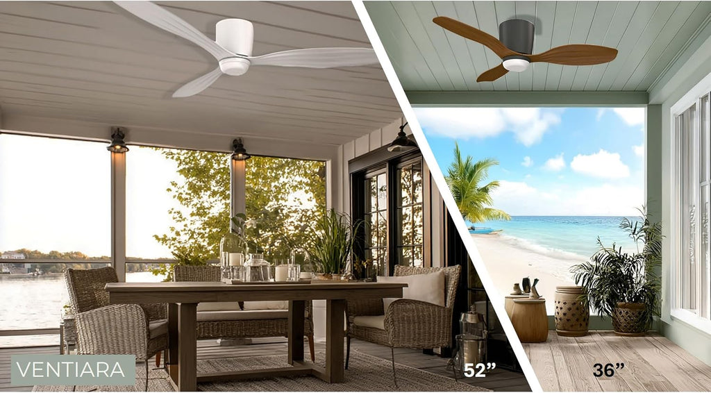 MINKA-AIRE F693L-CL/DK Ventiara 36' 3-Blade LED Flush Mount Indoor/Outdoor Ceiling Fan in Coal Black and Distressed Koa Finish Blades with Etched Lens