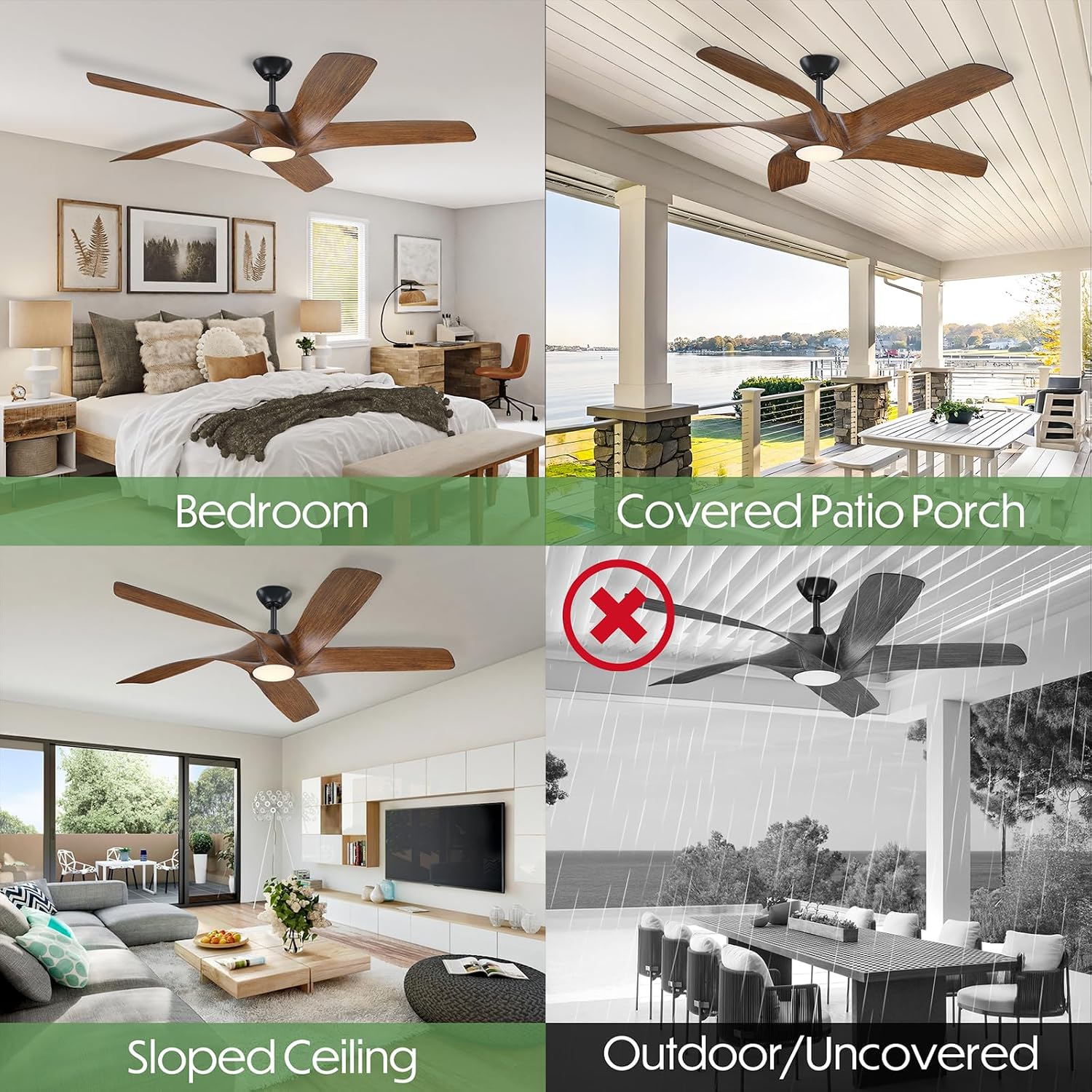 60 Inch Ceiling Fans with Lights and Remote,Flush Mount Low Profile, DC Reversible Motor,6 Speeds Noiseless Ceiling fans For Bedroom,Patio,Farmhouse,Indoor & Outdoor Use,ETL Certification