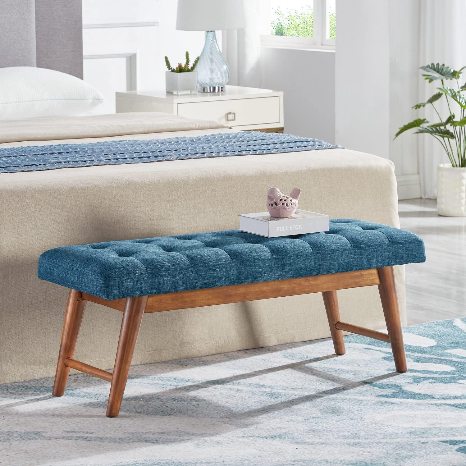 Amazon Basics Modern Haraden Upholstered Button-Tufted Bench, Blue, 16 x 44 x 17 in
