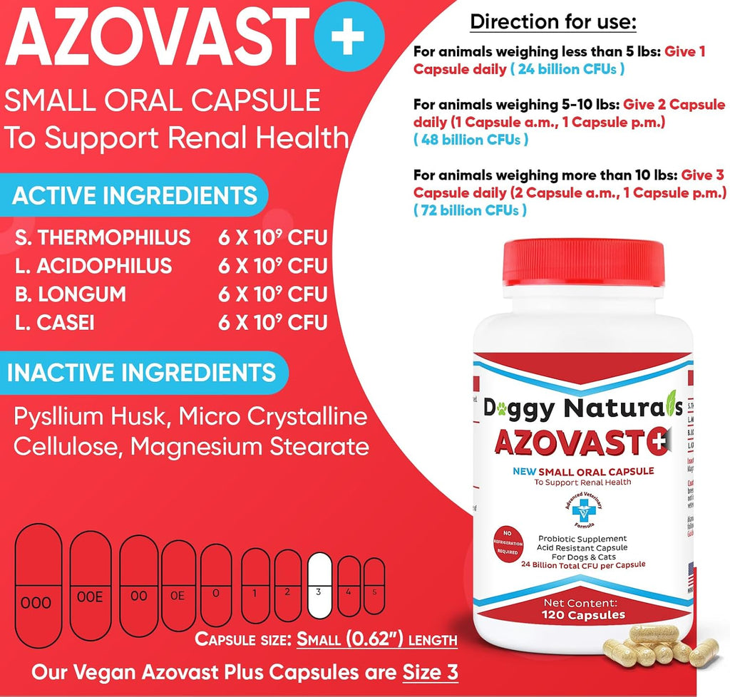 Azovast Plus Kidney Health Supplement for Dogs & Cats -24 Billion CFU- NO Refrigeration Required - Help Support Kidney Function & Manage Renal Toxins - Renal Care Supplement Capsule(U.S.A) (240 Caps)