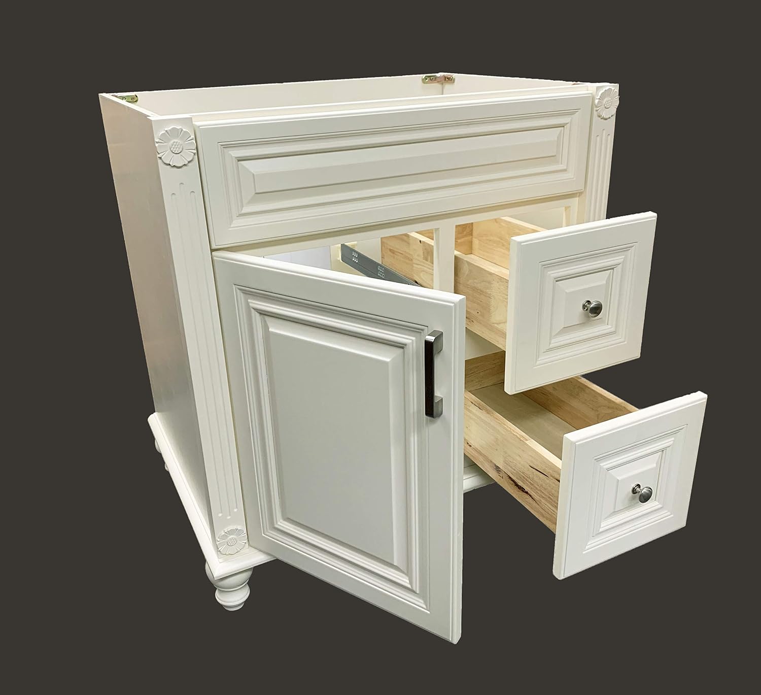 Antique White Solid Wood Single Bathroom Vanity Base Cabinet 30 inch W x 21 inch D x 32 inch H (Right Drawers)