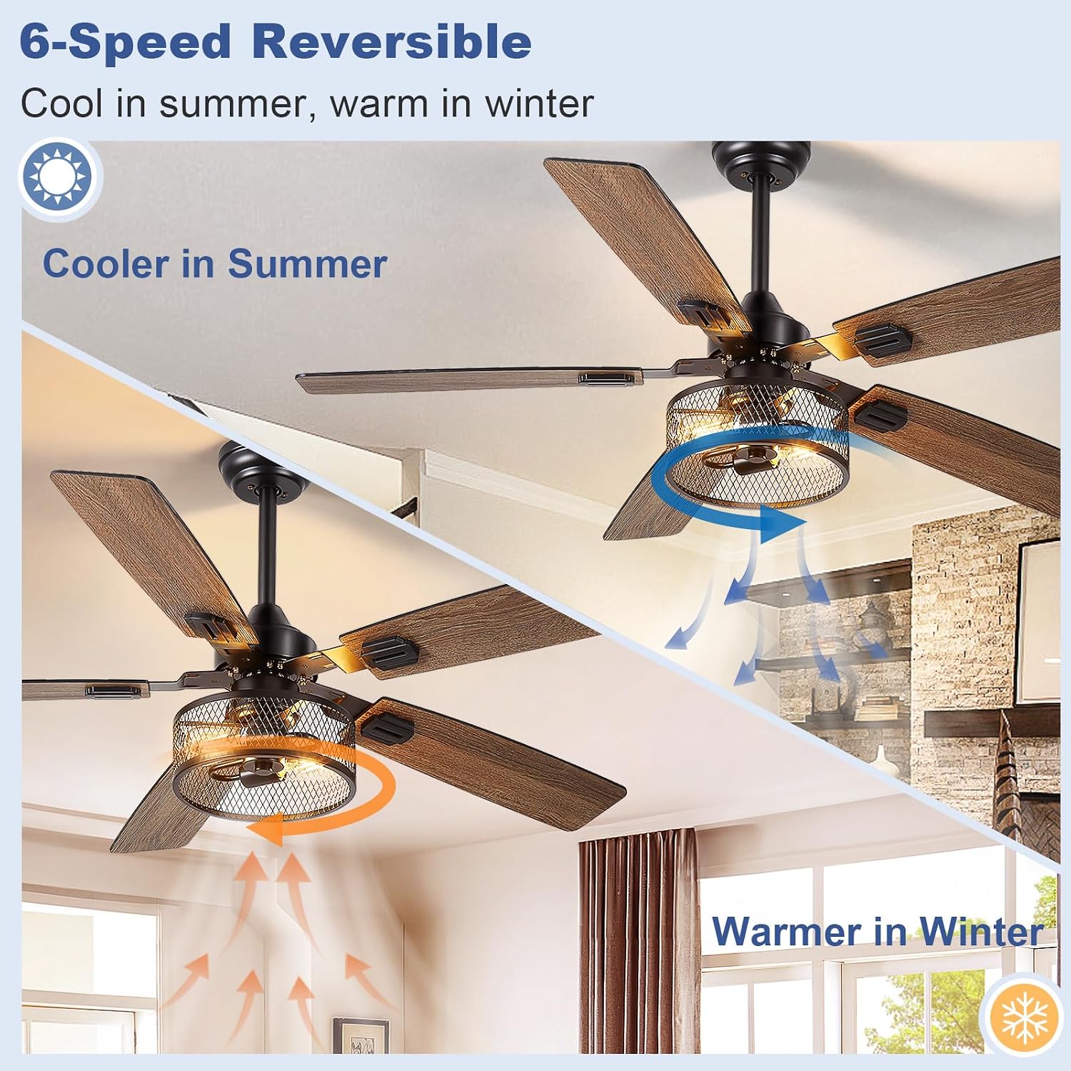 Depuley 52-Inch Ceiling Fans with Lights: Caged Ceiling Fans Dual Finish 5 Blades - Farmhouse Ceiling Fan with Remote Control for Rustic Living Room Outdoor Patio Reversible (Black Walnut)
