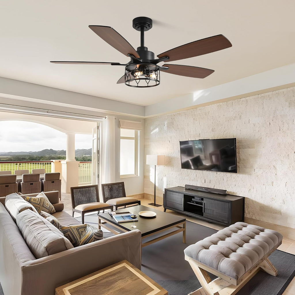 52'' Caged Ceiling Fans with Lights and Remote Control,Reversible DC Motor,5 Double Colour Blades,Rustic Farmhouse Ceiling Fan for Living Room,Dining Room,Bedroom