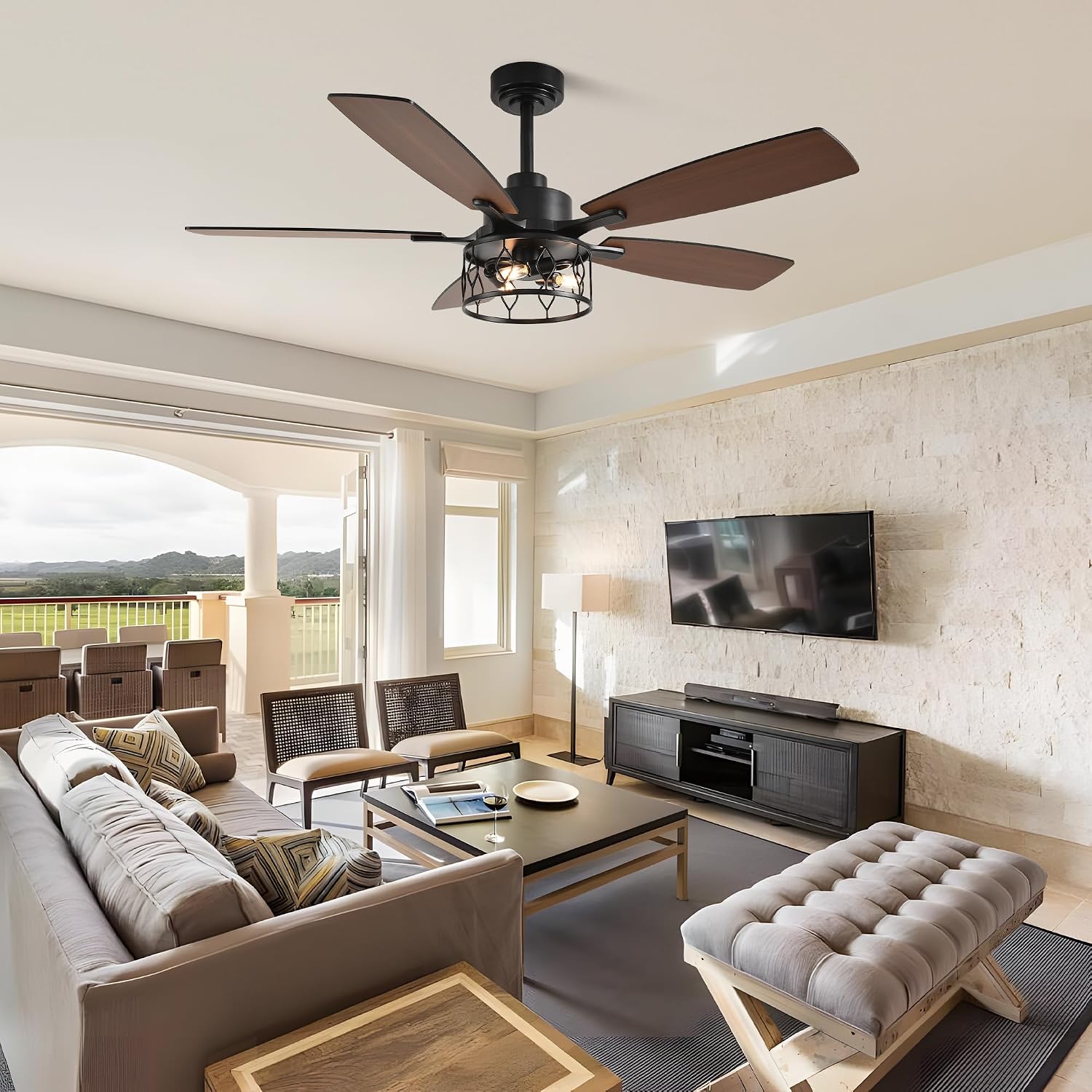 52'' Caged Ceiling Fans with Lights and Remote Control,Reversible DC Motor,5 Double Colour Blades,Rustic Farmhouse Ceiling Fan for Living Room,Dining Room,Bedroom