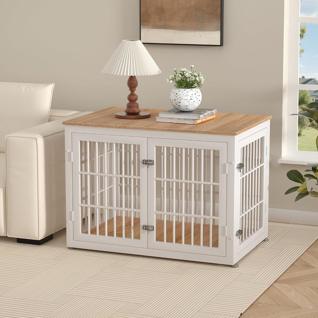 rehomerance 38 Inch Heavy Duty Dog Crate Furniture for Large and Medium Dogs, Decorative Pet House End Table, Wooden Cage Kennel Furniture Indoor, Natural and White