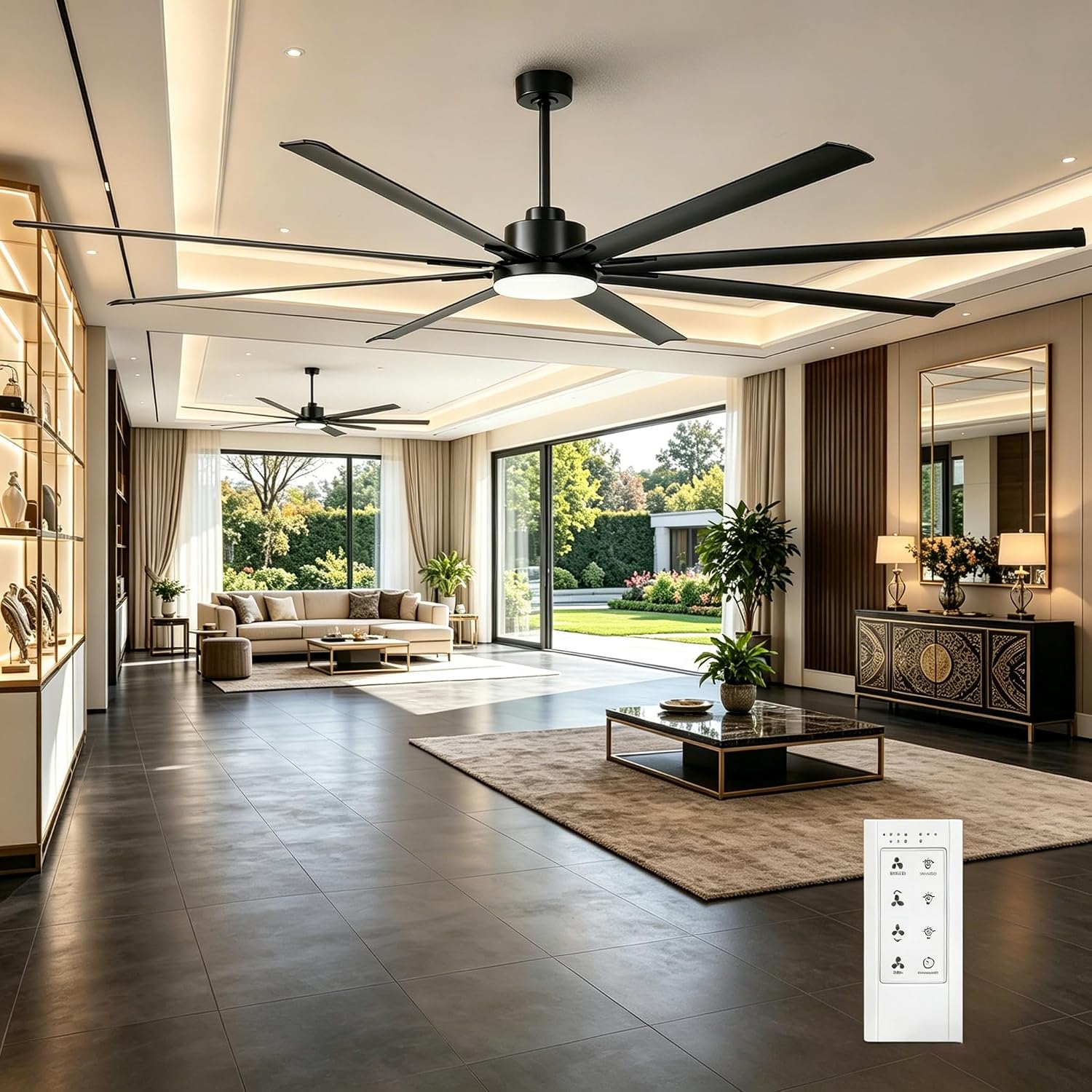 100 Inch Ceiling Fans with Lights and Remote, Black Large Ceiling Fan with Dimmable LED & 3CCT, Reversible DC Motor, Outdoor Ceiling Fans for Patios Shop Garage Living Room Commercial Spaces