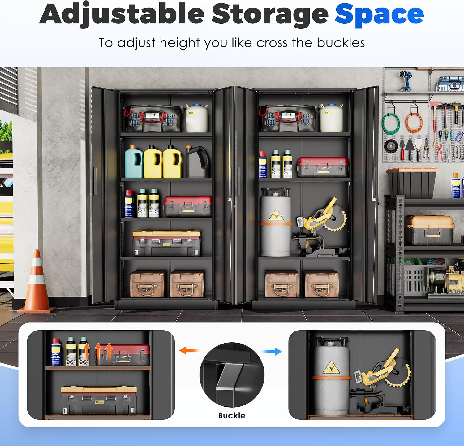 INTERGREAT Garage Storage Cabinet with Doors and Shelves, Metal Storage Cabinets with Lock, Lockable Steel Supply Cabinet for Home Office, Warehouse, Black