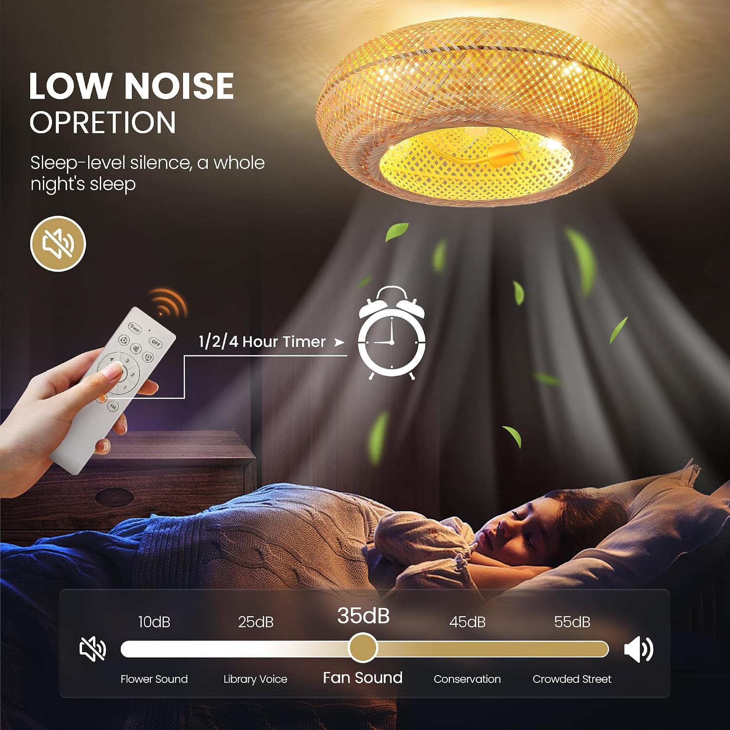 Boho Ceiling Fan with Lights: 20' Bamboo Low Profile Rattan Caged Farmhouse Ceiling Fans with Light Flush Mount Remote Control 6 Speeds for Bedroom Living Room Kitchen