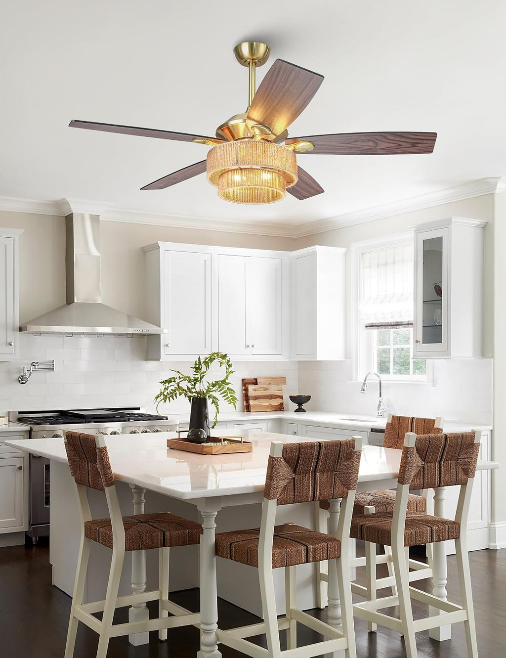 Parrot Uncle Ceiling Fans with Lights and Remote, 52 Inch Farmhouse Rustic Ceiling Fan for Bedroom, Chandelier Outdoor Ceiling Fans with Reversible 5 Blades, Black/Wood Grain, Woven Drum Shade