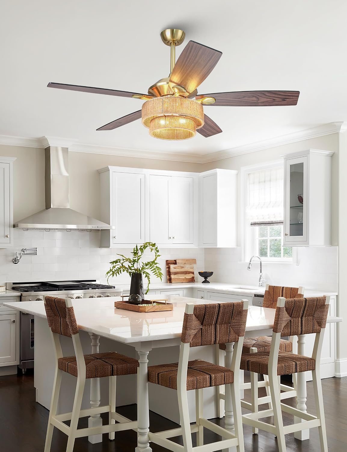 Parrot Uncle Ceiling Fans with Lights and Remote, 52 Inch Farmhouse Rustic Ceiling Fan for Bedroom, Chandelier Outdoor Ceiling Fans with Reversible 5 Blades, Black/Wood Grain, Woven Drum Shade