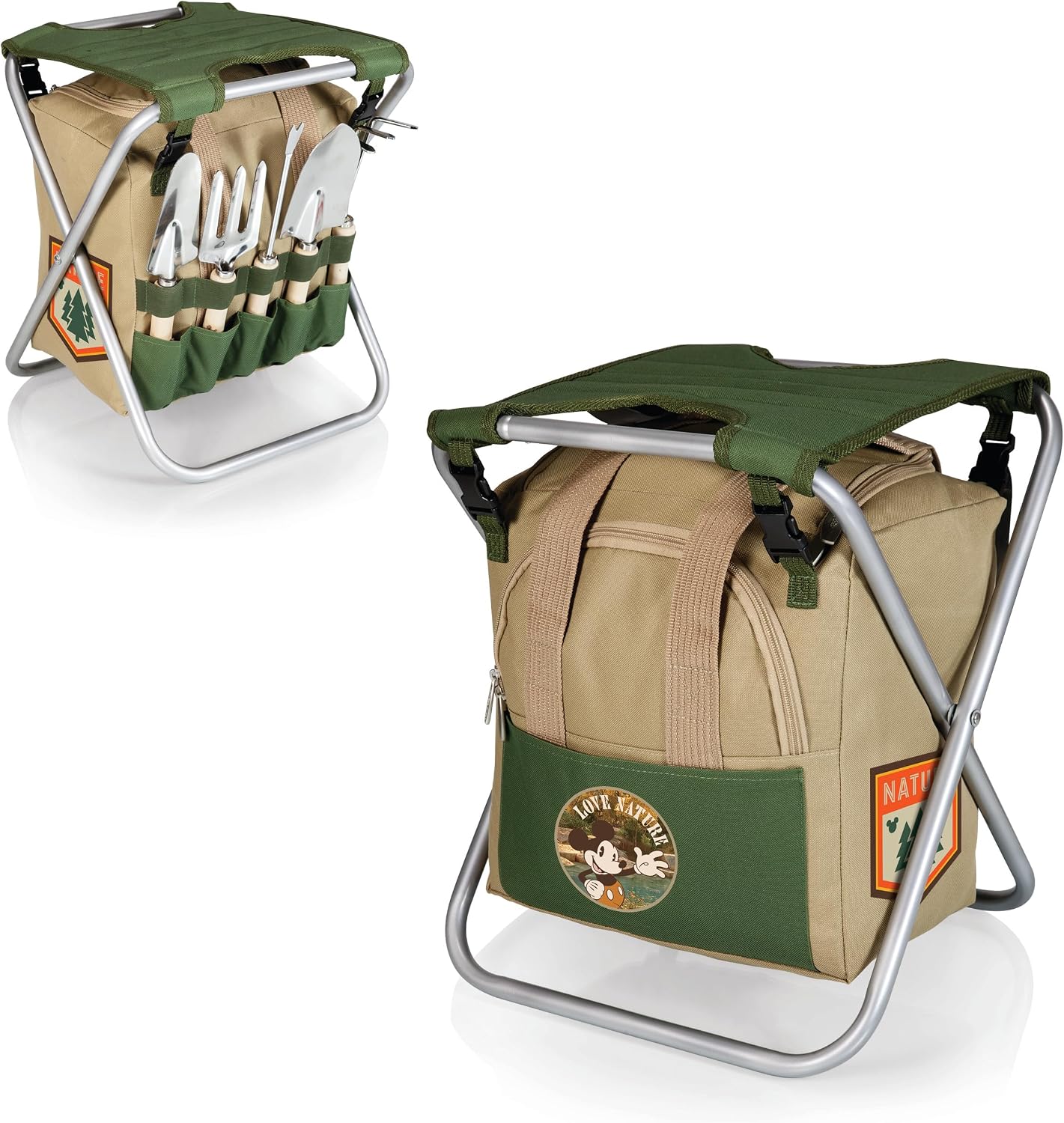 PICNIC TIME Disney Mickey Mouse Gardener Folding Seat with Tools, Folding Garden Stool with Detachable Tote and Hand Tool Set Organizer, Portable Gardening Chair, (Olive Green with Beige Accents)