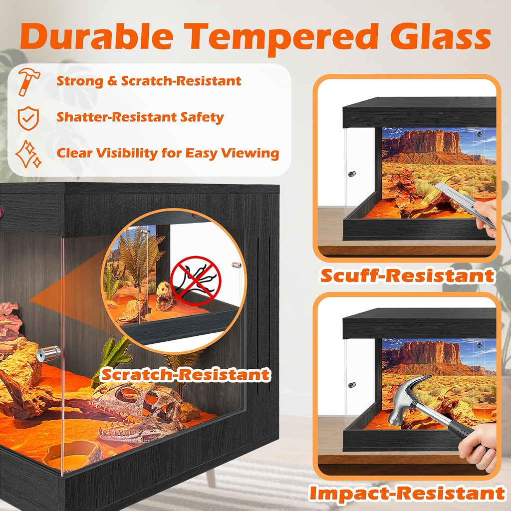 ROYXEN Reptile Tank, 30 Gallons Reptile Enclosure with Lockable Design, Tempered Glass Bearded Dragon Tank for Lizard Habitat, Soild Wood Built-in Sockets (Black, 24'x16'x15.5')