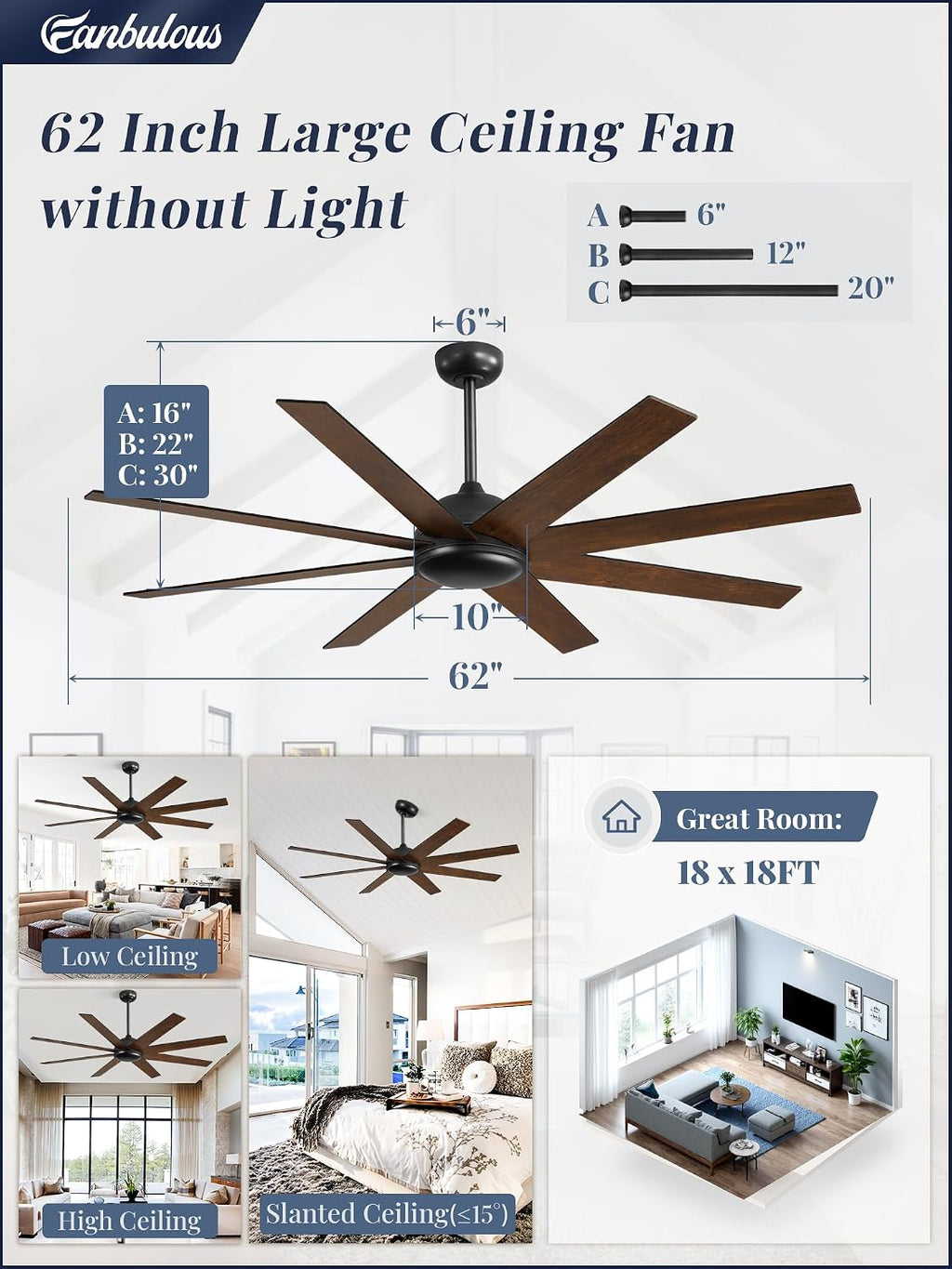 Fanbulous 62 Inch Large Ceiling Fan no Light, Ceiling Fan Black with Remote, 6-Speeds, Quiet Reversible DC Motor, 8 Blades, Indoor/Outdoor Modern Ceiling Fans for Living Room, Garage, Patio