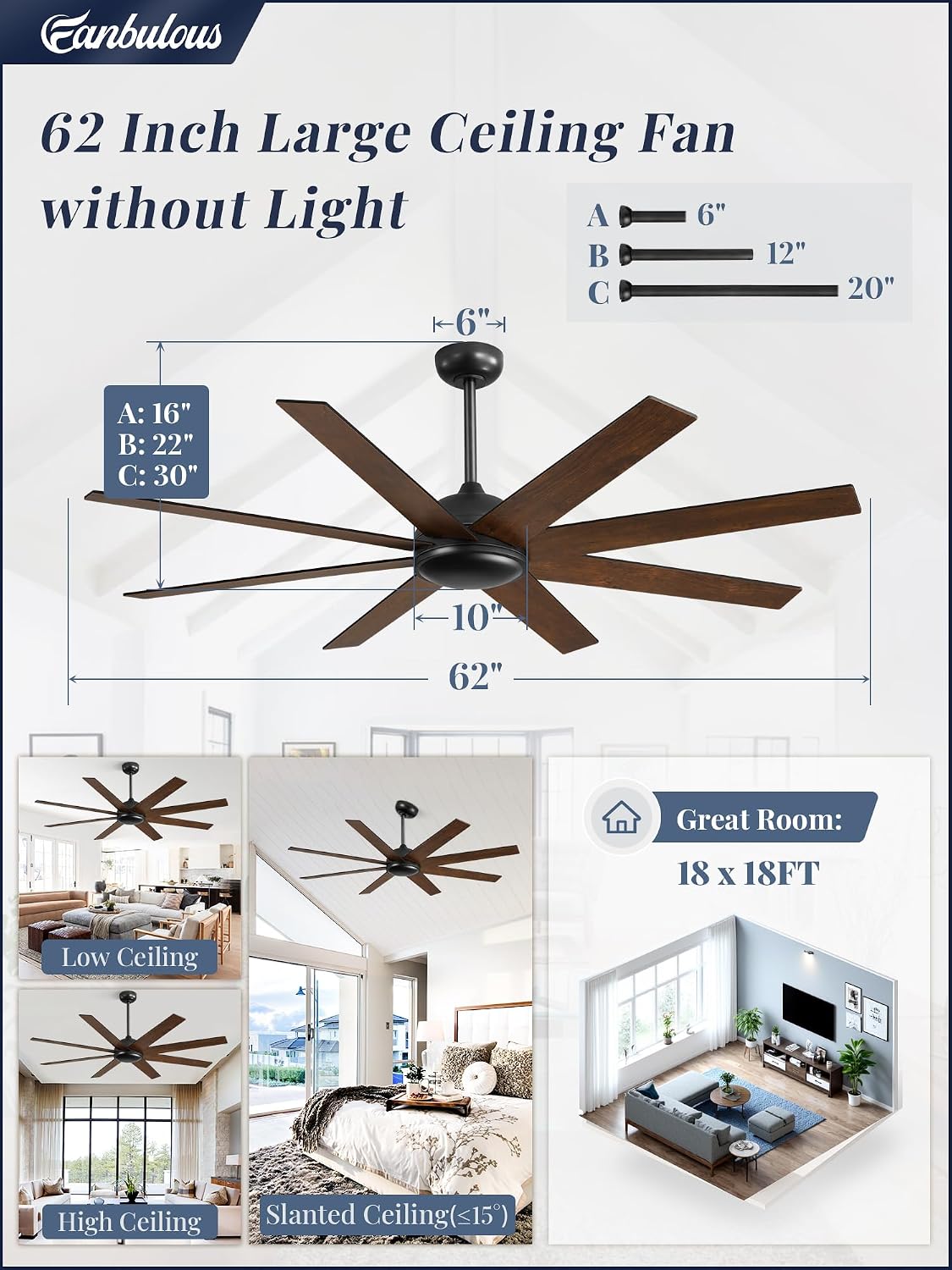 Fanbulous 62 Inch Large Ceiling Fan no Light, Ceiling Fan Black with Remote, 6-Speeds, Quiet Reversible DC Motor, 8 Blades, Indoor/Outdoor Modern Ceiling Fans for Living Room, Garage, Patio