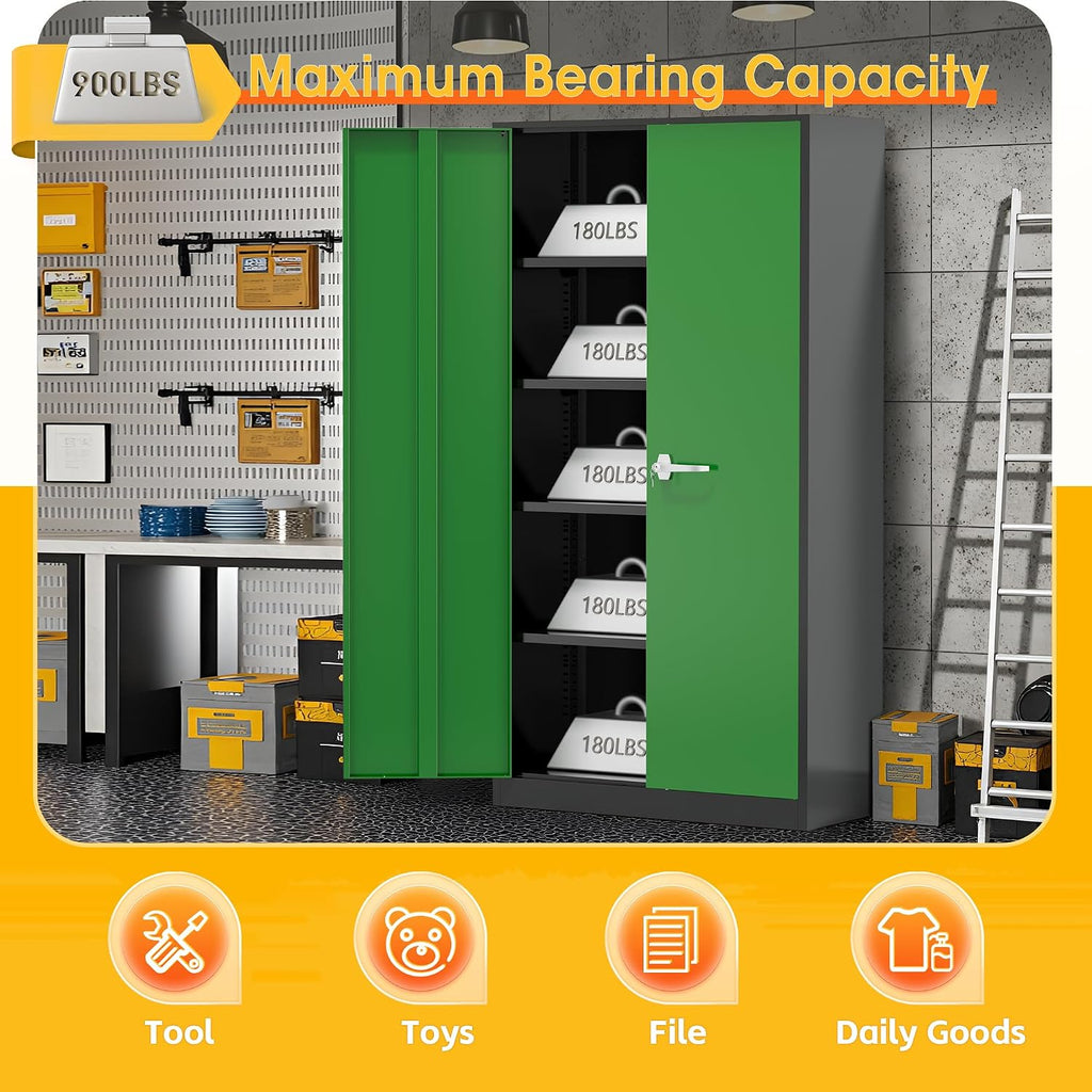 Greenvelly 72' H Metal Garage Storage Cabinet with 2 Doors and 4 Adjustable Shelves, Black Green Metal Cabinet with Lock for Office,Home, Garage, Gym, School