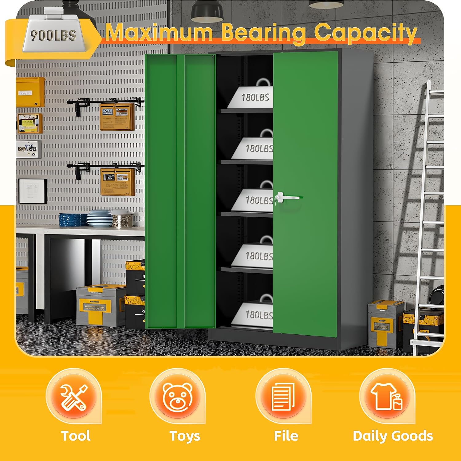 Greenvelly 72' H Metal Garage Storage Cabinet with 2 Doors and 4 Adjustable Shelves, Black Green Metal Cabinet with Lock for Office,Home, Garage, Gym, School