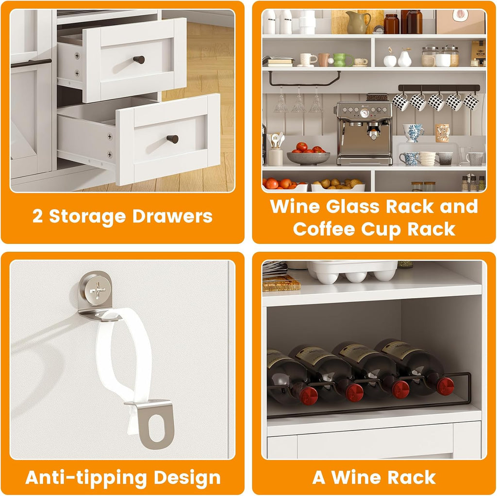 VVFLU Hutch Storage Buffet Cabinet with Drawers, and Charging Station, Coffee Bar Cabinet with Barn Doors, Wine Rack and Hooks, White Wood Sideboard Buffet for Kitchen, Dining Room, 54.5' High