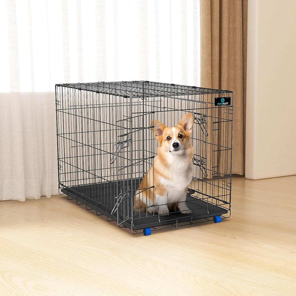 PetsTuff GREAT CRATES 42' X-Large Dog Crate - Heavy-Duty Dog Kennel With Divider Panel For Pets 65-85lbs - Durable Leaf-Proof Tray - Foldable, Carry Handle & Wheels For Easy Moving - Two-Door Dog Cage