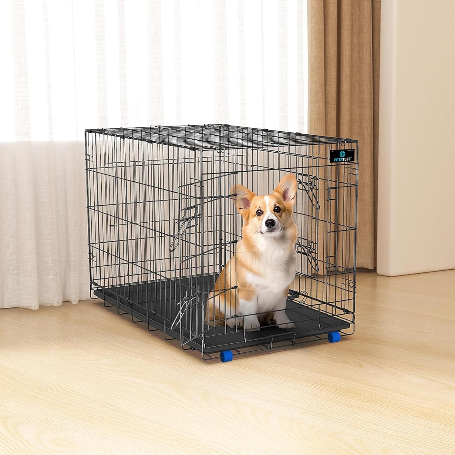 PetsTuff GREAT CRATES 42' X-Large Dog Crate - Heavy-Duty Dog Kennel With Divider Panel For Pets 65-85lbs - Durable Leaf-Proof Tray - Foldable, Carry Handle & Wheels For Easy Moving - Two-Door Dog Cage