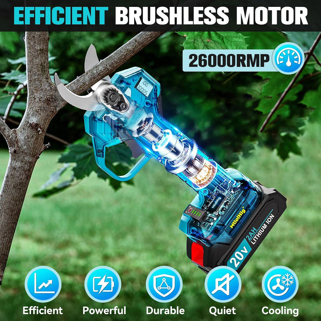 MtiolHig 2 in 1 Brushless Pole Electric Pruning Shears with 2 x Rechargeable Batteries, 13 Ft Total Reach Electric Cordless Pole Pruner, 0.8-2 Inch Pole Scissors for Garden Tools