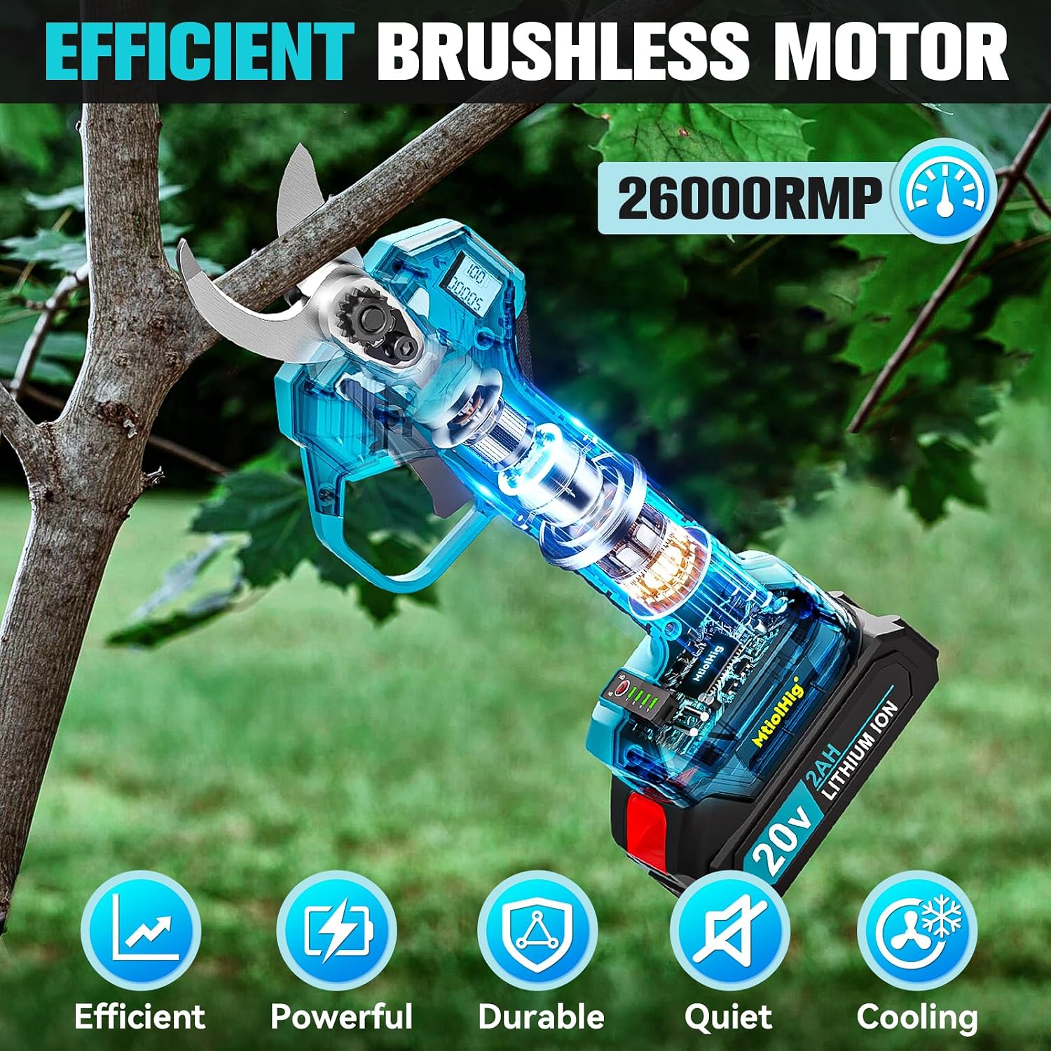 MtiolHig 2 in 1 Brushless Pole Electric Pruning Shears with 2 x Rechargeable Batteries, 13 Ft Total Reach Electric Cordless Pole Pruner, 0.8-2 Inch Pole Scissors for Garden Tools