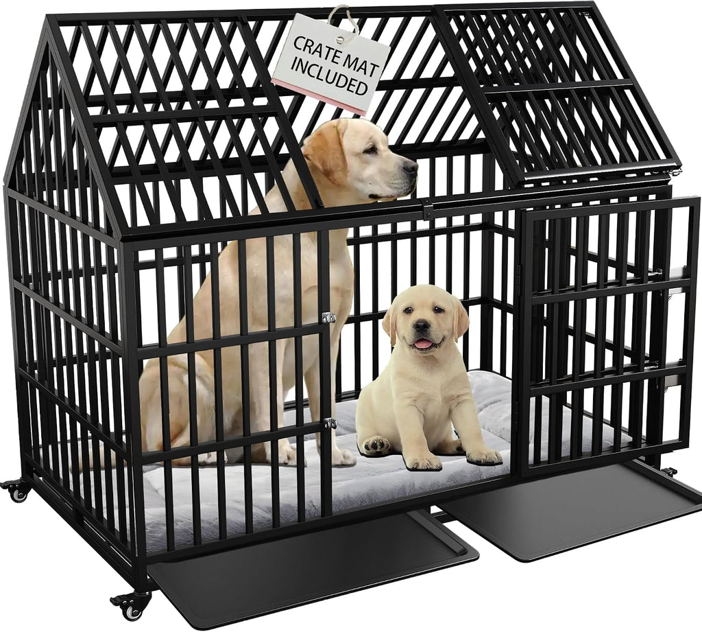 Heavy Duty Dog Crate 54 Inch Dog Pet Cage Kennel with Mat Escape Proof with Roof Top Open 4 Wheels 2 Doors Removable Trays for High Anxiety Extra Large XL XXL Dogs Breeds Great Dane Mastiff Bernard