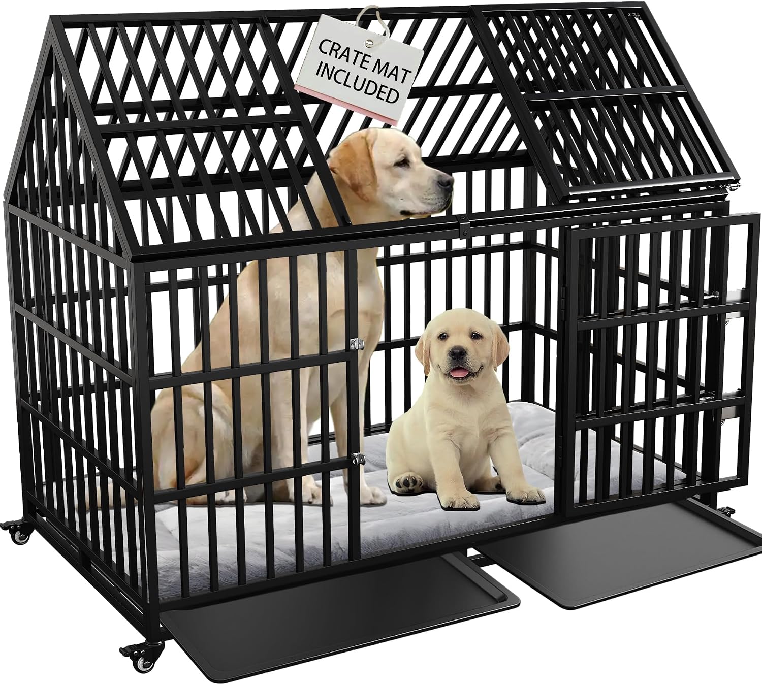 Heavy Duty Dog Crate 54 Inch Dog Pet Cage Kennel with Mat Escape Proof with Roof Top Open 4 Wheels 2 Doors Removable Trays for High Anxiety Extra Large XL XXL Dogs Breeds Great Dane Mastiff Bernard