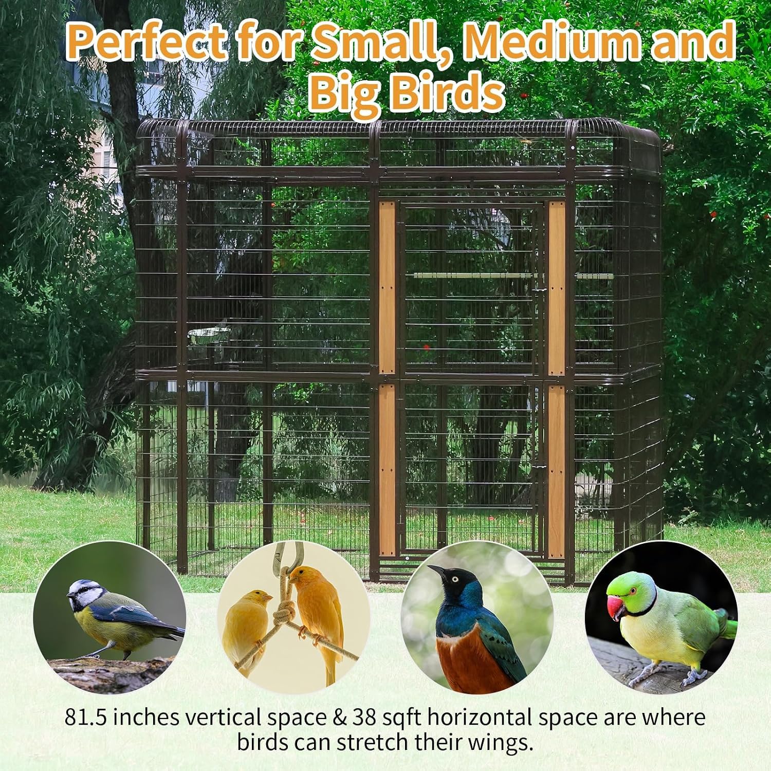 87-inch Outdoor Large Walk-in Cage Heavy Duty Bird Cage Carbon Crystal Board Aviary Parrot Cage Wide Flight Metal Birdcage for Macaw Budgie Conure Lovebird Parakeet Cockatiel, 7.22x5.25x6.8ft, Brown