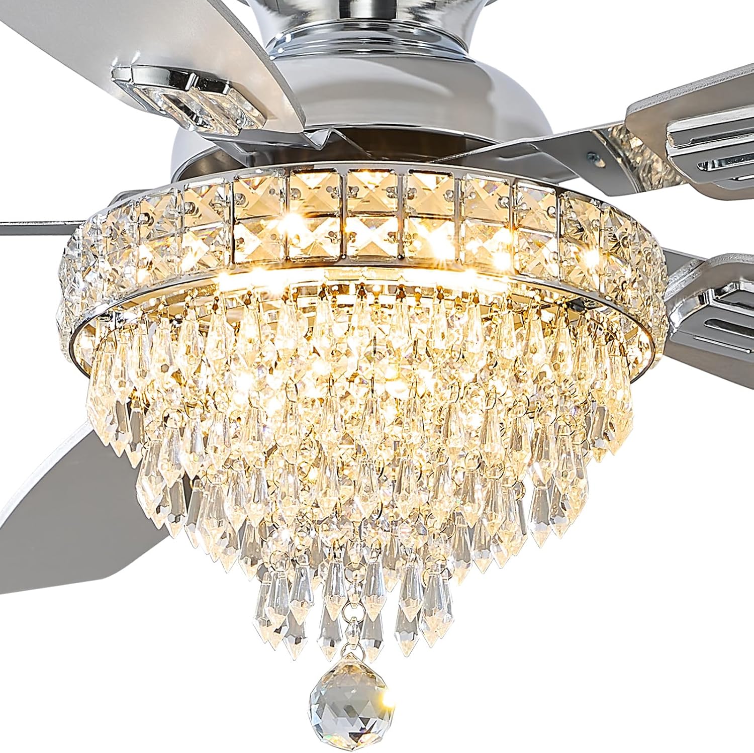 Crystal Ceiling Fan Fandelier with Lights-Ceiling Fans,50' Low Profile and Remote Control, Flush Mount, Reversible, Dimmable, Noiseless,Ceiling Fan for Bedroom（Chrome）