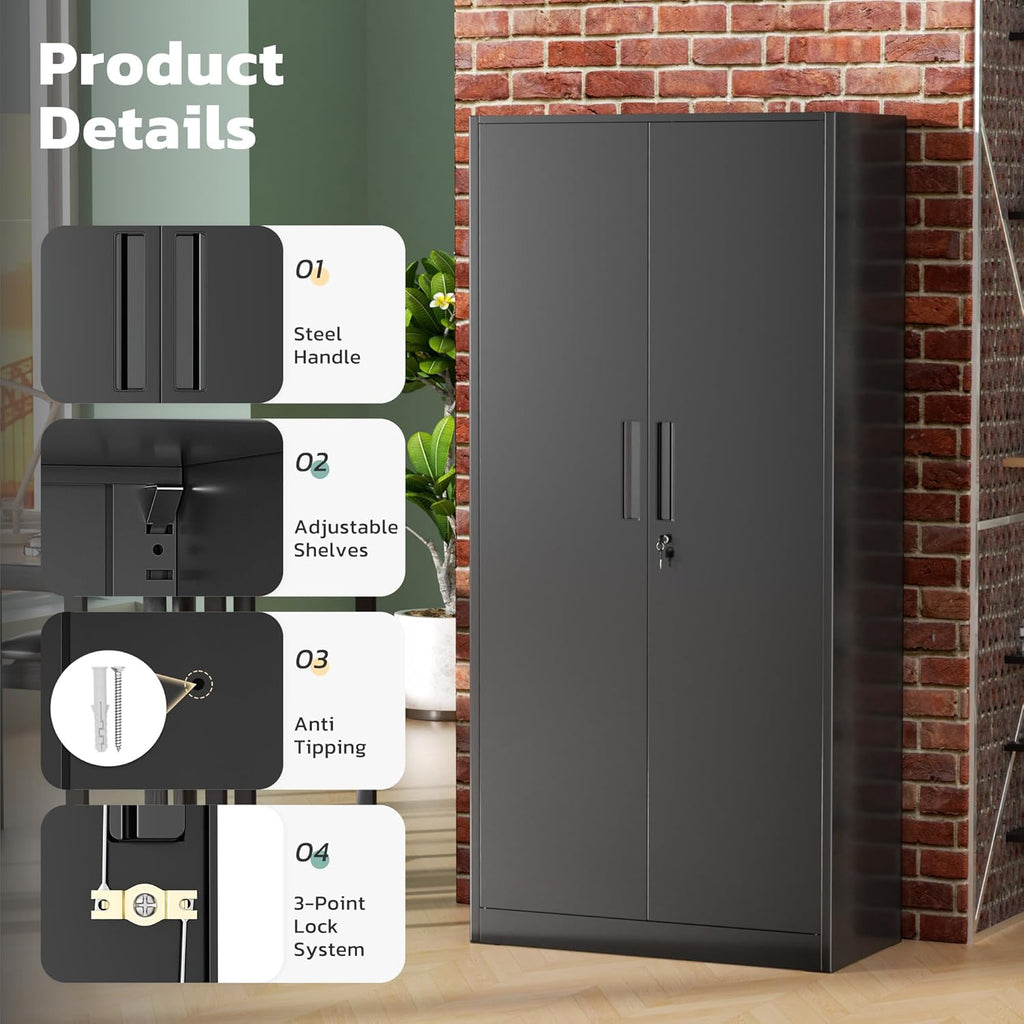 Greenvelly 72' H Metal Storage Cabinet, 36' W x 18' D Black Metal Cabinet with 2 Doors and 4 Adjustable Shelves,Locking Cabinets for Office, Home, Garage, School