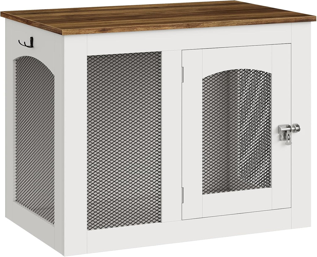 CHOEZON Wooden 30.1' Dog Crate Furniture, Farmhouse Pet Cage End Table with Secure Lock, Ventilated Mesh for Medium Dogs, Dog Kennel Furniture for Living Room, Bedroom, White and Walnut MGW02WL