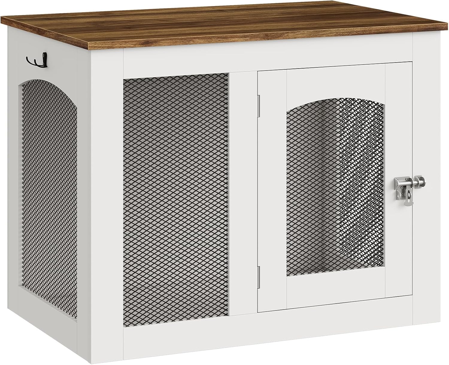 CHOEZON Wooden 30.1' Dog Crate Furniture, Farmhouse Pet Cage End Table with Secure Lock, Ventilated Mesh for Medium Dogs, Dog Kennel Furniture for Living Room, Bedroom, White and Walnut MGW02WL