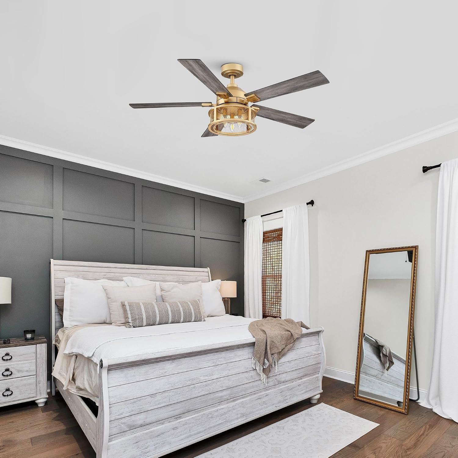 Parrot Uncle Gold Ceiling Fans with Lights and Remote, 52 Inch Farmhouse Ceiling Fan with Light for Bedroom, Modern Outdoor Ceiling Fans for Patios, Reversible Airflow, 3 Speeds, Timer