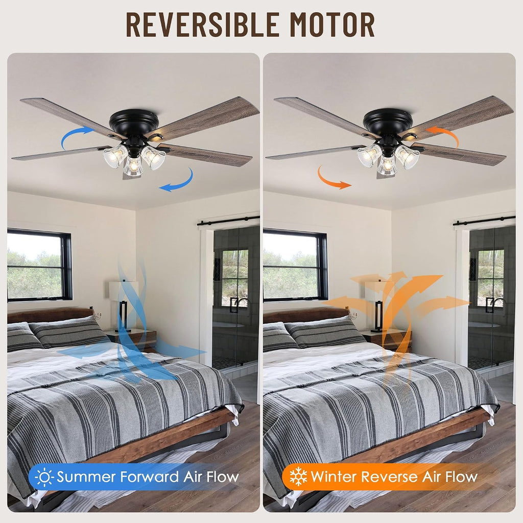 60'' Flush Mount Ceiling Fan with Light and Remote, 5 Reversible Wood Blades,3 Clear Seeded Glass Light Fixtures,6-Speed Quiet DC Motor,Farmhouse Ceiling Fan for Bedroom Living Room Patio