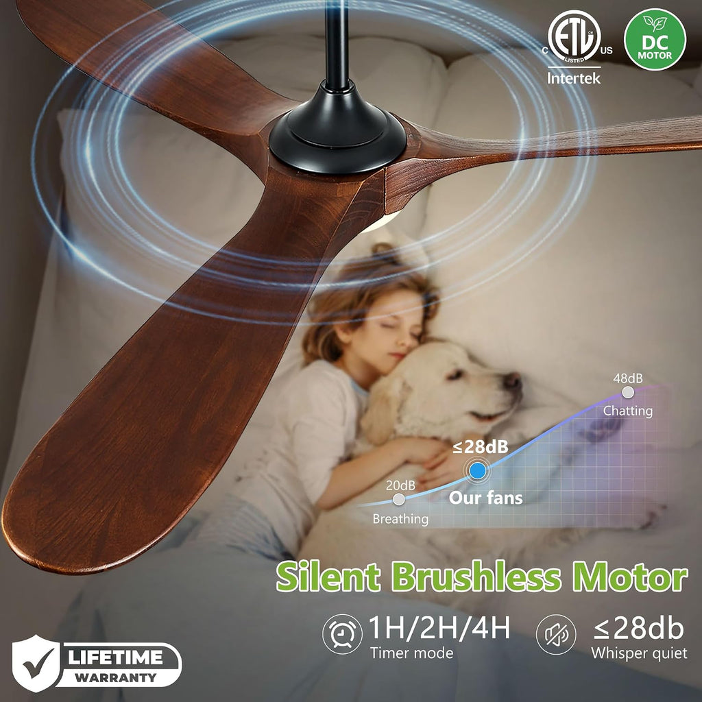 Haipeel 60 Inch Outdoor Ceiling Fans with Lights, Solid Wood Propeller 3 Blades Ceiling Fans with Lights and Remote Control Outdoor Fan for Patios Indoor, High CFM ETL Listed, Dark Walnut