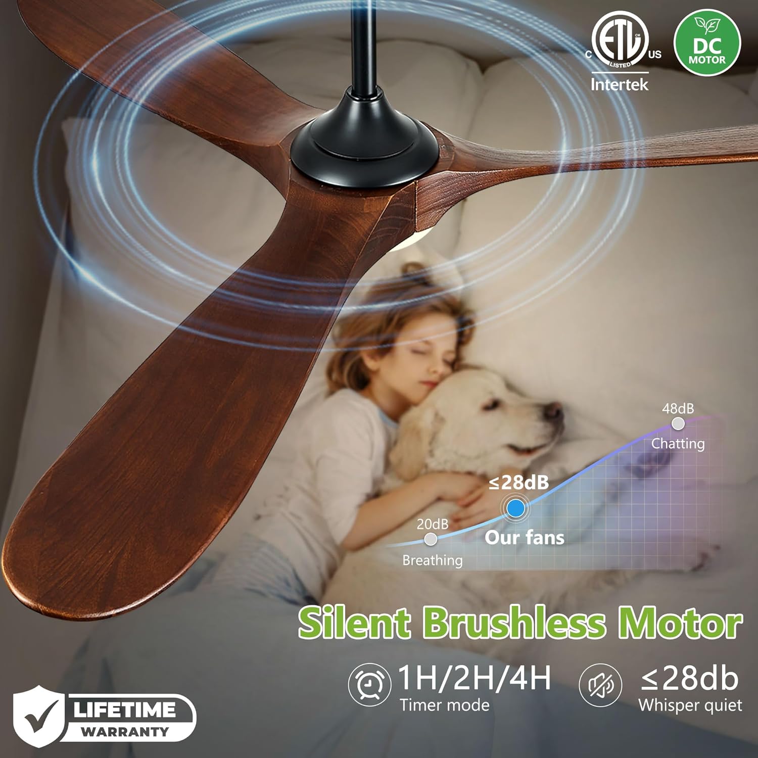 52 Inch Ceiling Fans with Lights and Remote Control, Outdoor Ceiling Fan with Light Solid Wood 3 Blade Propeller Ceiling Fan, Quiet High CFM Damp Rated Outdoor Fan for Patios Farmhouse, Dark Walnut