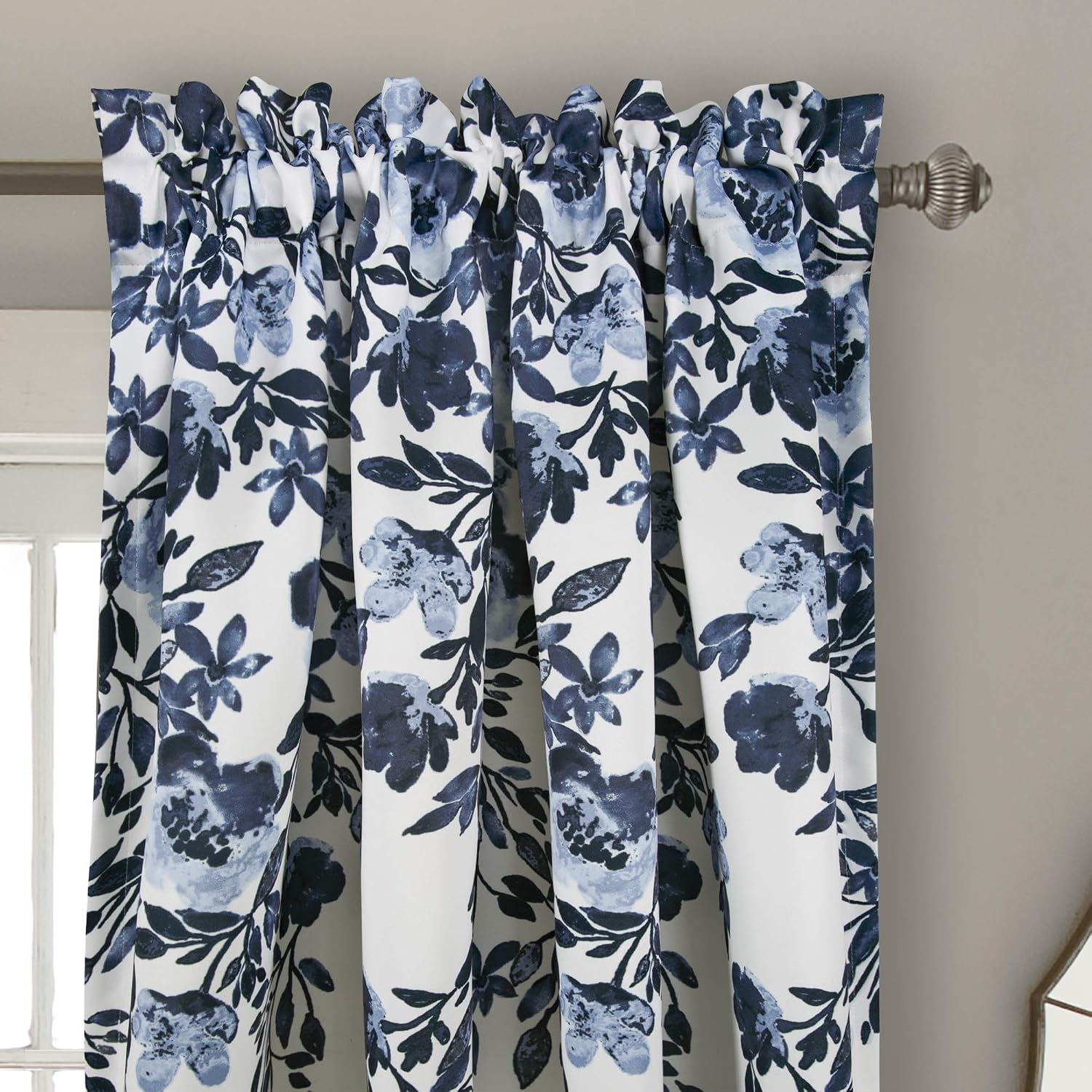 Lush Decor Tanisha Curtains - Light Filtering Window Panel Set, Pair - Floral Vine Print, Beautiful, Modern, Elegant Home Decor - 52' W x 84' L, Navy & White (Pack of 4)