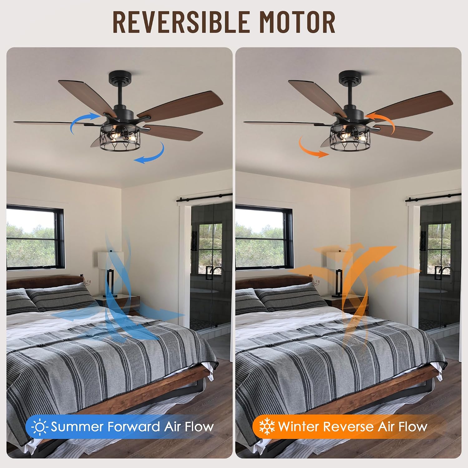 52'' Caged Ceiling Fans with Lights and Remote Control,Reversible DC Motor,5 Double Colour Blades,Rustic Farmhouse Ceiling Fan for Living Room,Dining Room,Bedroom