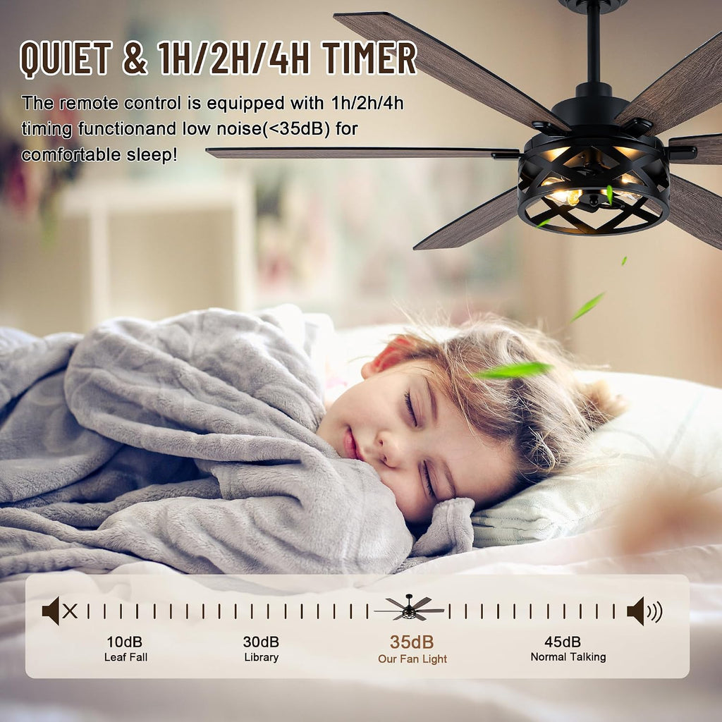 60' Farmhouse Ceiling Fan with Lights and Remote,6-Speed DC Motor Industrial Caged Ceiling Fan,Reversible Blades,Timer,2-Color Blades for Bedroom Living Room (E26 Bulbs Not Included)
