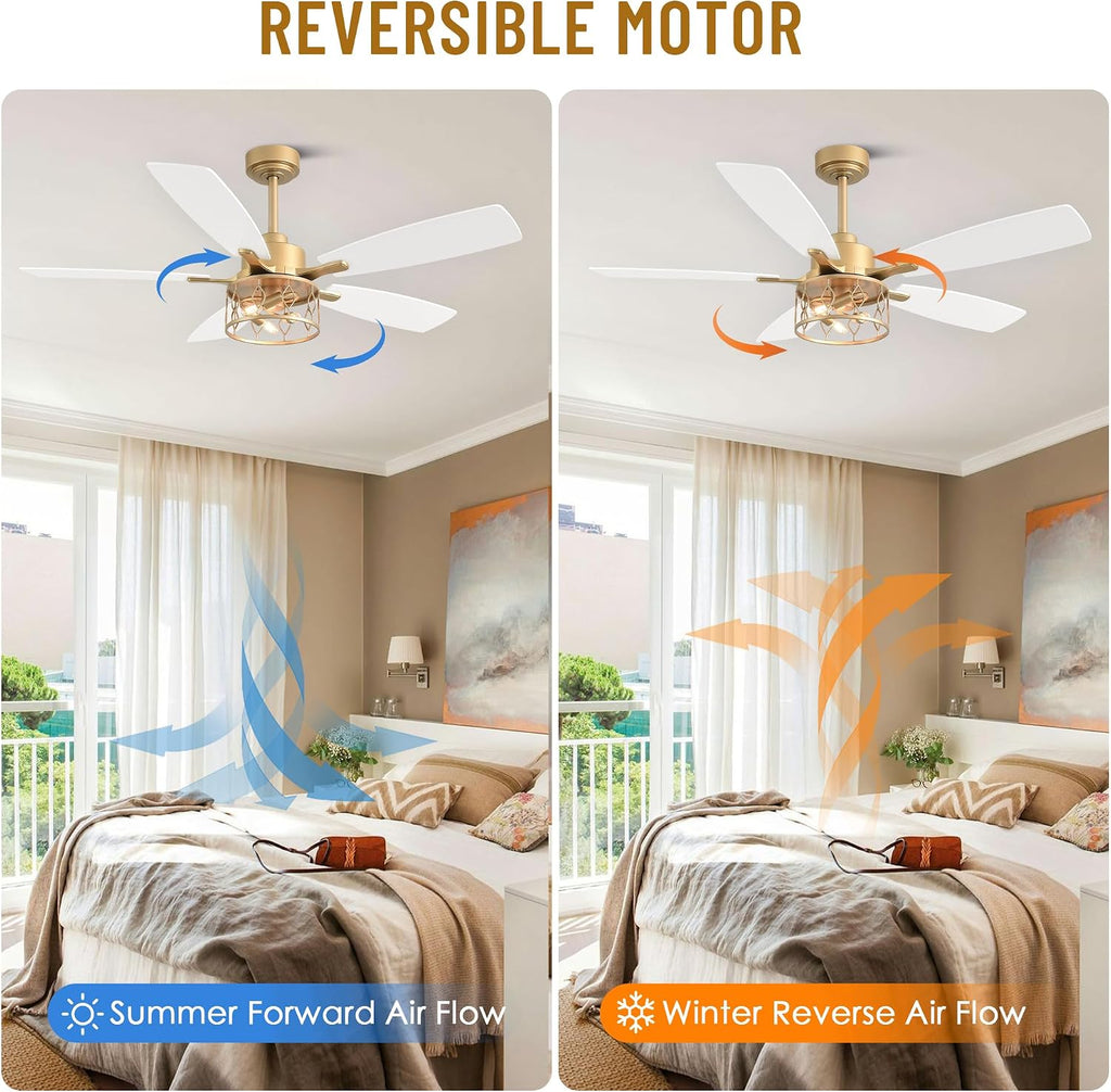 52' Farmhouse Ceiling Fans with Lights and Remote,Chandelier Ceiling Fan with 5 Double Colour Blades,Reversible DC Motor,Rustic Caged Ceiling Fan for Living Room,Dining Room,Bedroom