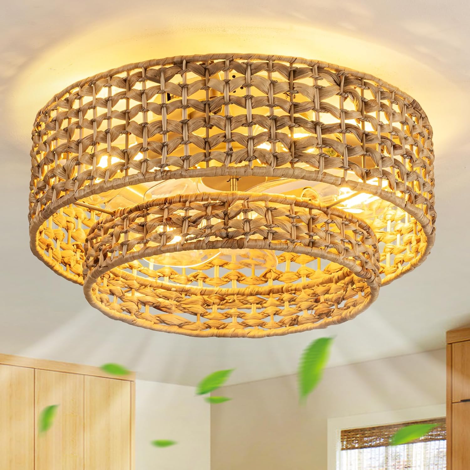 Boho Caged Ceiling Fan with Lights Flush Mount, Handwoven Layered Rattan Fandelier ceiling fan with Remote Control, Reversible 6-Speed Enclosed Ceiling Fan Light for Bedroom, Living Room, Nursery, E26