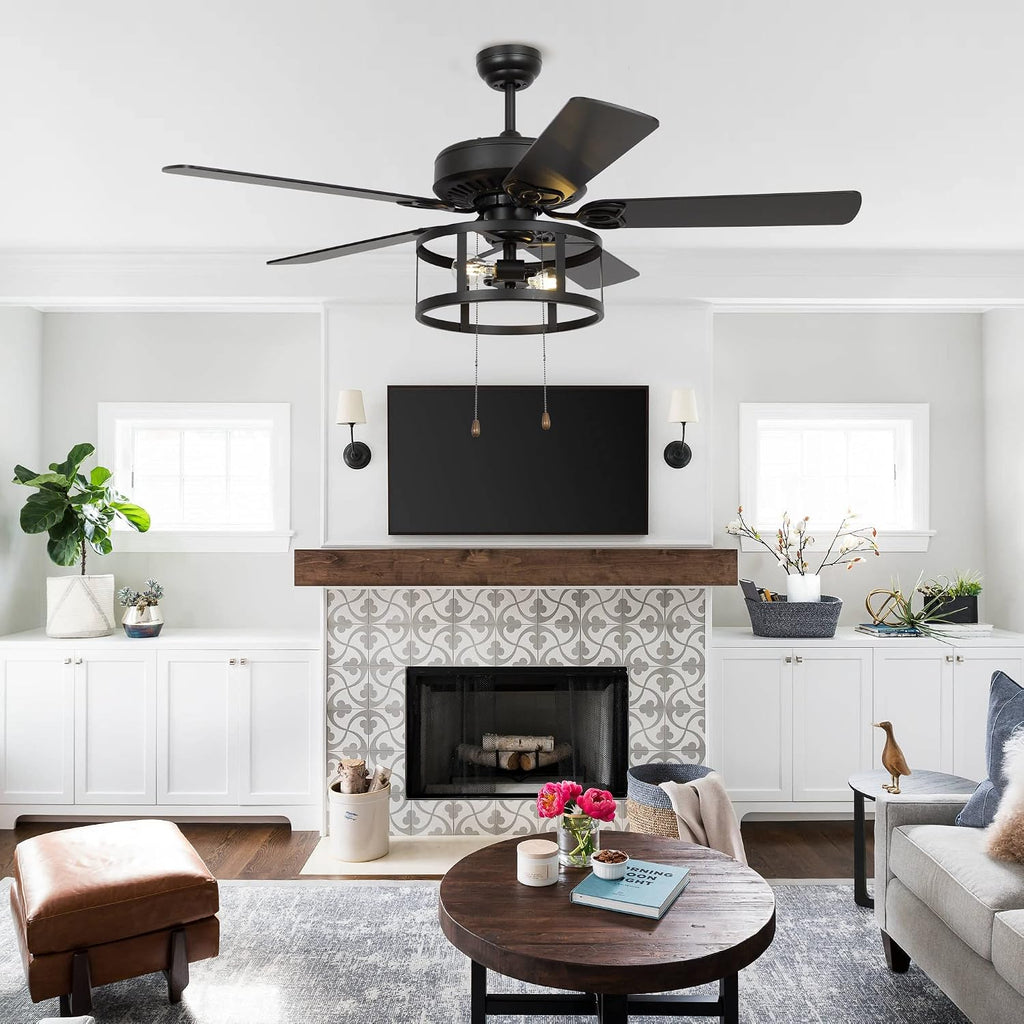 52 Inch Ceiling Fans with Lights, Farmhouse Black Ceiling Fan for Bedroom Living Room, Rustic Outdoor Ceiling Fans for Patios, Pull Chain Control, 3 Speeds, Reversible Airflow, ETL