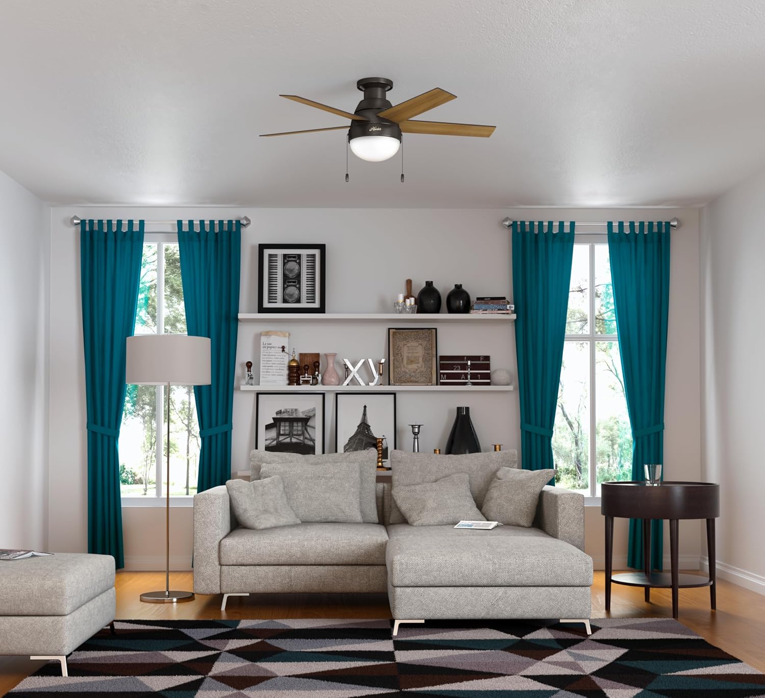 Hunter 46 inch Indoor Ceiling Fan with LED Light - Bronze Ceiling Fan with Pull Chain, For Bedroom, Living Room, or Kitchen, Low Profile Mount, No Remote, 5 Blades - Anslee 59268, Premier Bronze