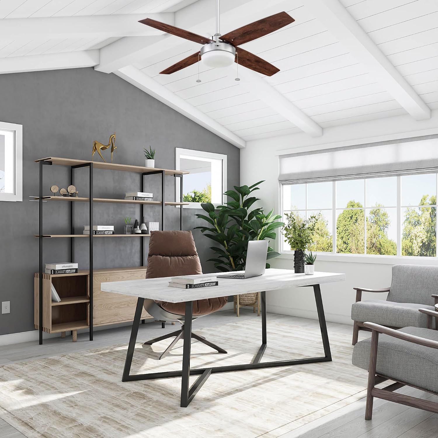 Prominence Home Memphis, 52 Inch Contemporary Indoor LED Ceiling Fan with Light, Pull Chain, Dual Mounting Options, 4 Dual Finish Blades, Reversible Motor - 51652-01 (Pewter)
