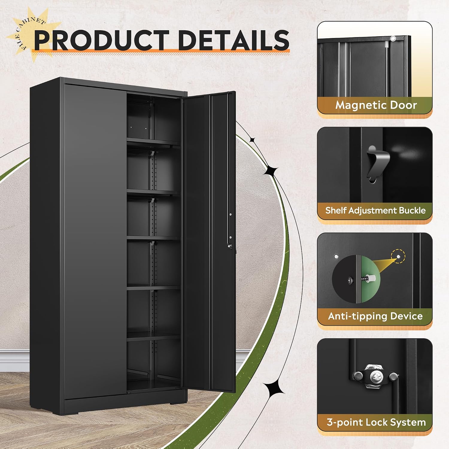 DEVAISE Metal Garage Storage Cabinet with 2 Doors and 5 Adjustable Shelves, 71'' Black Lockable Steel File Cabinet for Garage, Home, Office, Shool, Gym